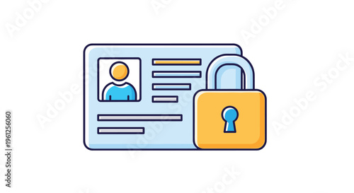 ID card security icon features a blue identification document with a yellow padlock placed in front to represent data privacy.