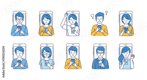 Diverse people using smartphones shown in various emotional states and situations for social media communication.