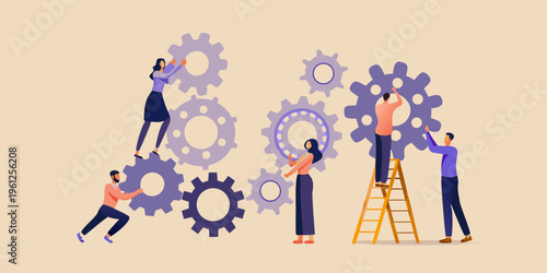Teamwork and collaboration concept with people interacting with gears