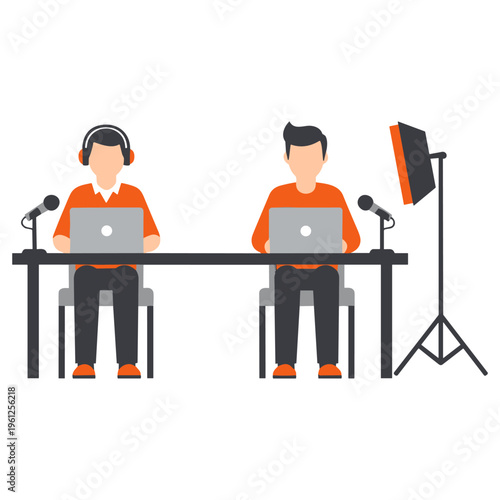 Two people with headphones and microphones recording podcast at desk with laptops