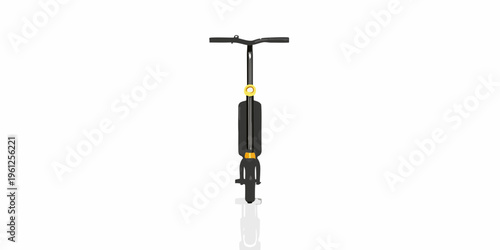 A black scooter with yellow accents is isolated on a white background