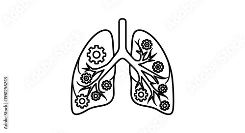 Human lung anatomy illustration featuring mechanical gears and cogs represents medical technology or respiratory health.