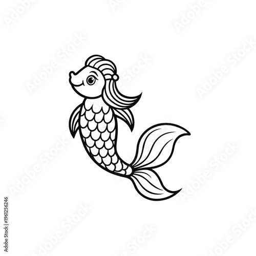 A cute cartoon mermaid with a smiling face and flowing hair in a vector graphic