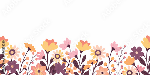 A colorful floral border with stylized blooms and slender stems