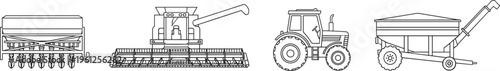 Four black and white line drawings of agricultural machinery including seed drill, combine harvester, tractor, and grain cart trailer showcasing modern farming equipment and crop production