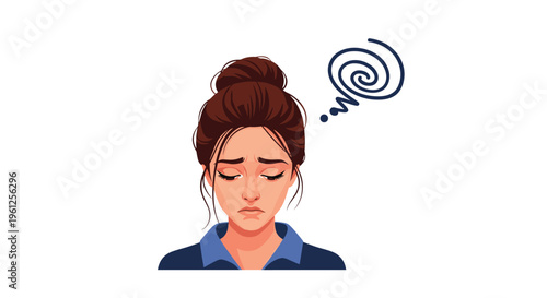 Sad young woman with dark hair in a bun looks down with a depressed expression and a swirl symbol of confusion.