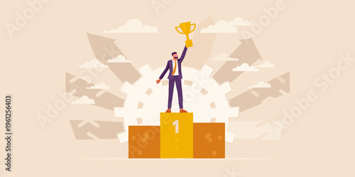 A businessman celebrates success on a golden podium with arrows pointing upward
