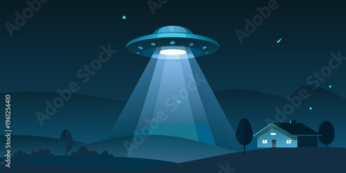 A glowing unidentified flying object illuminates a small house at night