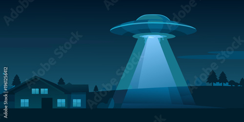 A glowing unidentified flying object hovers over a quiet suburban neighborhood