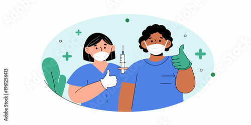 Healthcare workers offering vaccination with positive encouragement and safety measures