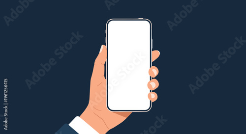 Hand holding a modern smartphone with a blank white screen against a dark background for mobile app design mockups.