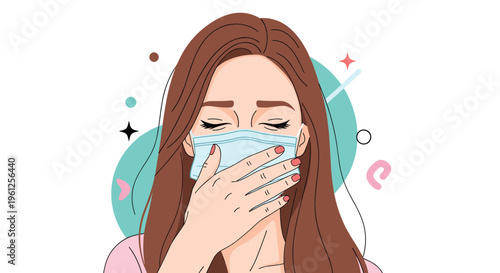 Young woman with long brown hair wearing a blue medical mask covers her mouth with her hand while coughing in public.