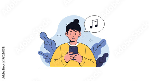 Happy young woman with black hair in a bun uses her smartphone to listen to music while surrounded by blue leaves.