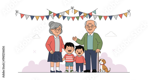 Happy family consisting of grandparents and two young grandsons stands together at a party with colorful bunting.