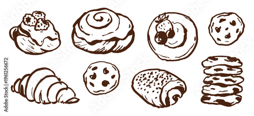 Hand drawn bakery pastries in brown line art. Simple vintage style vector illustration. Croissant, cinnamon roll, cookies, buns, sweet baked goods collection.