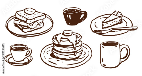 Hand drawn breakfast food and drinks in brown line art. Simple vintage style vector illustration. Pancakes with syrup, french toast, cake slice, coffee cups, cozy meal set.