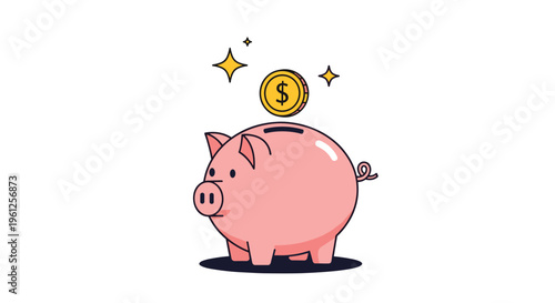 Pink cartoon piggy bank with a gold dollar coin being inserted represents savings, investment, and financial goals.