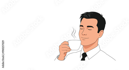 Man in a white shirt and tie enjoys a cup of hot coffee with his eyes closed to represent a moment of relaxation.