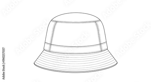 Technical line drawing of a bucket hat with a wide downward sloping brim shown as a design template for headwear.
