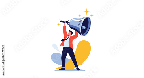 Businessman in an orange jacket lifts and rings a massive silver bell to announce success or a major achievement.