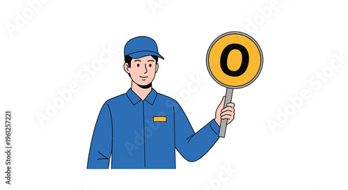 Male maintenance worker in blue uniform holds round yellow sign with letter o indicating correct procedure or approval.