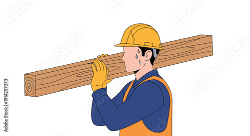 Exhausted construction worker in safety gear carries heavy wooden beam on shoulder while sweating under demanding work conditions.