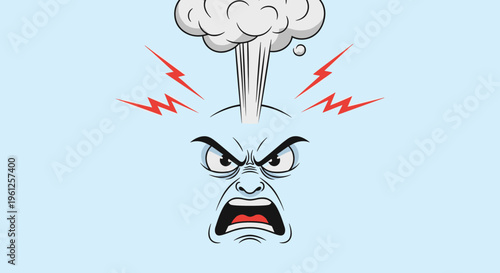 Angry cartoon face illustration expresses extreme rage with steam blowing from head and lightning bolts symbolizing intense temper.