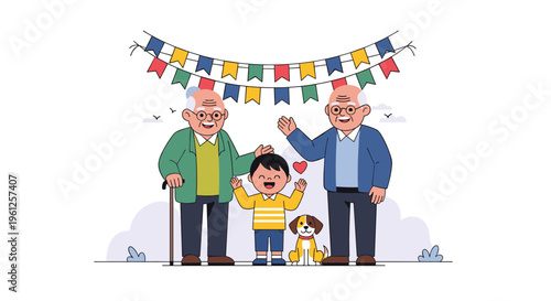 Happy family scene features grandparents and child celebrating with dog under festive flags during outdoor social gathering.