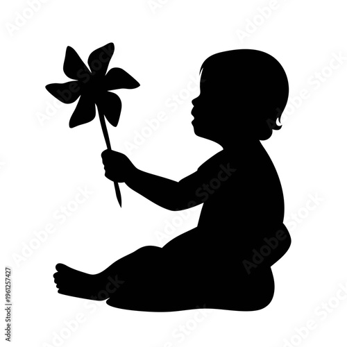 Silhouette of baby playing with pinwheel vector illustration for graphic design projects and prints