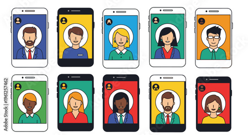Set of smartphones displays various people during video conference call representing modern digital connectivity and social networking.