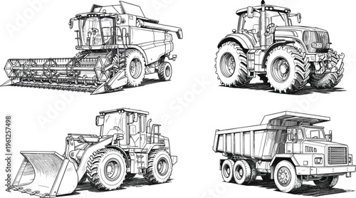 Set of four detailed black and white illustrations featuring combine harvester, tractor, front-end loader, and dump truck showcasing industrial and agricultural machinery equipment design