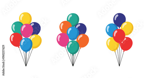 Three separate bunches of vibrant multi colored balloons tied together for birthday parties and festive holiday celebrations.