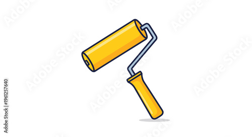 Handheld paint roller with yellow foam and long handle isolated on white background for home renovation and interior decoration.