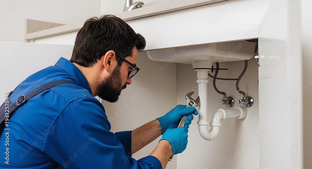 © MyDigitalCraft - Plumber fixing sink pipes under bathroom cabinet