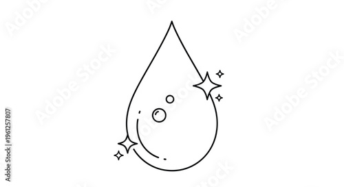 Water drop outline icon with sparkling elements represents purity cleanliness and fresh hydration for health and beauty products.