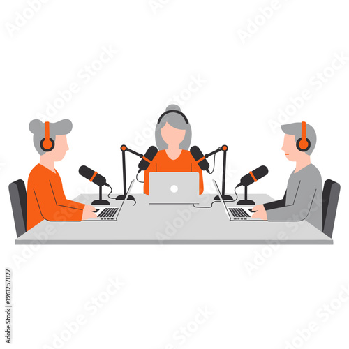 Group of podcasters sitting at large table recording audio content with grey hair characters