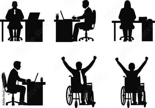 Silhouette set of diverse office workers and wheelchair users celebrating success, inclusive workplace concept, professional business people working, achievement, productivity, equality, modern corpor