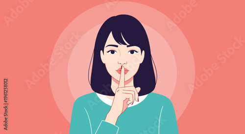 Young woman makes silent gesture by placing finger over lips against soft pink background representing secret or quietness.