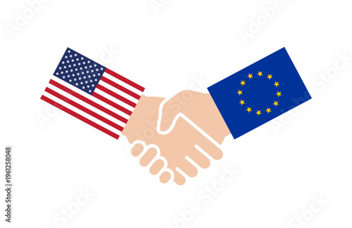 Handshake between United States and European Union flags symbolizing diplomacy
