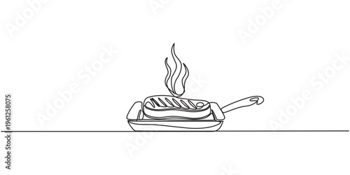 Continuous line drawing of sizzling steak cooking in a skillet. None editable stroke, sizzling cooking continuous one line drawing