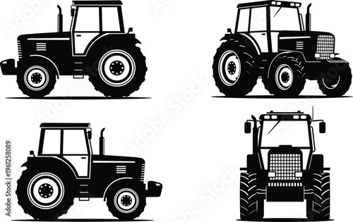 Set of four black and white tractor silhouette illustrations showing side and front views, highlighting agricultural machinery design, farming equipment, wheels, cab, and exhaust details