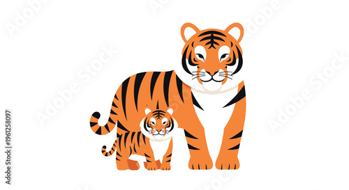 Adult tiger stands protectively over a small cub against a clean white background in a simplified vector illustration style.