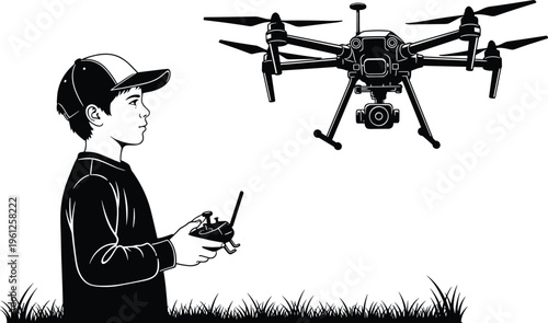 Black and white vector illustration of a young boy wearing a cap operating a professional camera drone with a remote control in a field