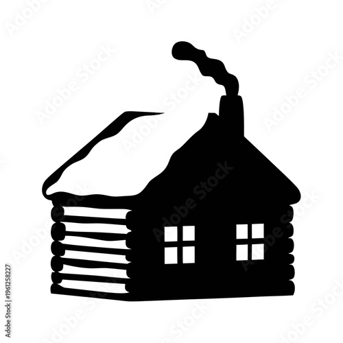 Illustration of a cozy log cabin with snow on the roof and smoke coming from the chimney vector