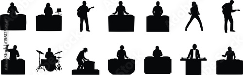 Musical performer silhouettes set, including DJ playing at turntable, drummer, rock guitarist, electronic music producer, and band members for live concert event.