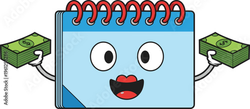 Cartoon calendar character holding money bills with happy face financial planning budgeting payday concept time management savings profit illustration design set