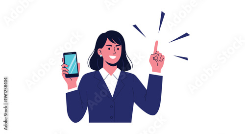 Professional woman in a dark blue suit holds a smartphone and points up with an inspired expression as if she has just had a great idea.