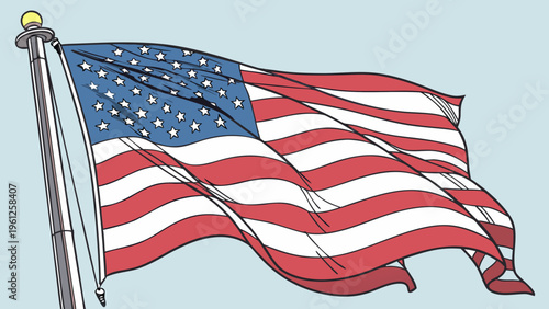 A vector graphic illustration of the American flag waving on a flagpole