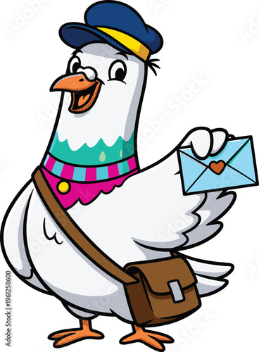 Cartoon pigeon mail carrier character delivering love letter with envelope heart seal wearing cap scarf mailbag creative messenger bird illustration promotional design set