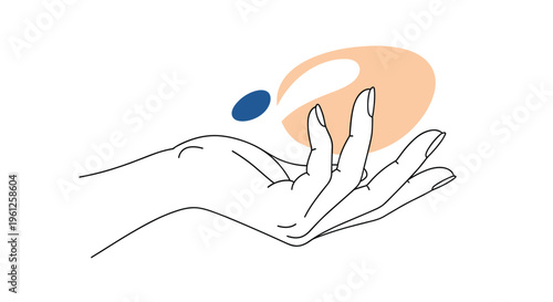 Delicate line drawing of a hand holding or supporting an abstract orange and blue shape, suggesting care, creation, or brand identity.